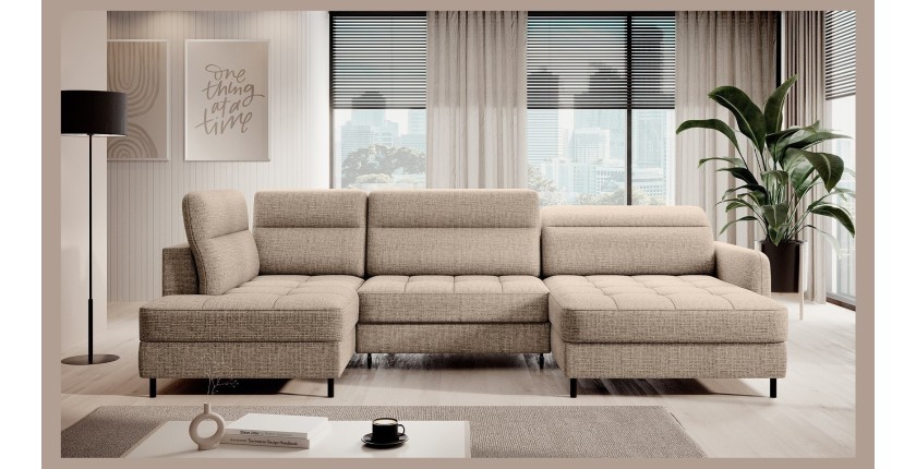 Canapé d’angle convertible BERTHO 306 cm beige clair effet chiné – Angle droit avec coffre 