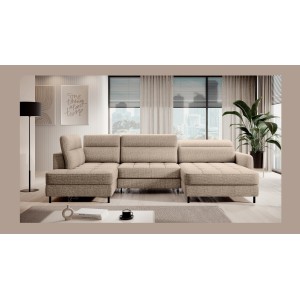 Canapé d’angle convertible BERTHO 306 cm beige clair effet chiné – Angle droit avec coffre 