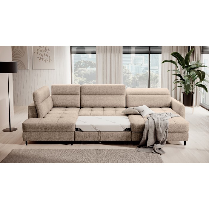 Canapé d’angle convertible BERTHO 306 cm beige clair effet chiné – Angle droit avec coffre 