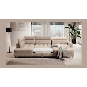 Canapé d’angle convertible BERTHO 306 cm beige clair effet chiné – Angle droit avec coffre 
