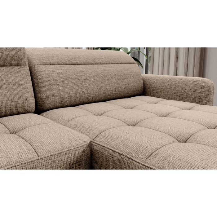 Canapé d’angle convertible BERTHO 306 cm beige clair effet chiné – Angle droit avec coffre 