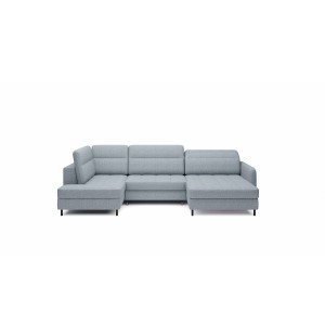 Canapé d’angle convertible BERTHO 306 cm bleu gris effet chiné – Angle droit avec coffre 
