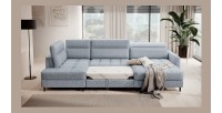 Canapé d’angle convertible BERTHO 306 cm bleu gris effet chiné – Angle droit avec coffre 