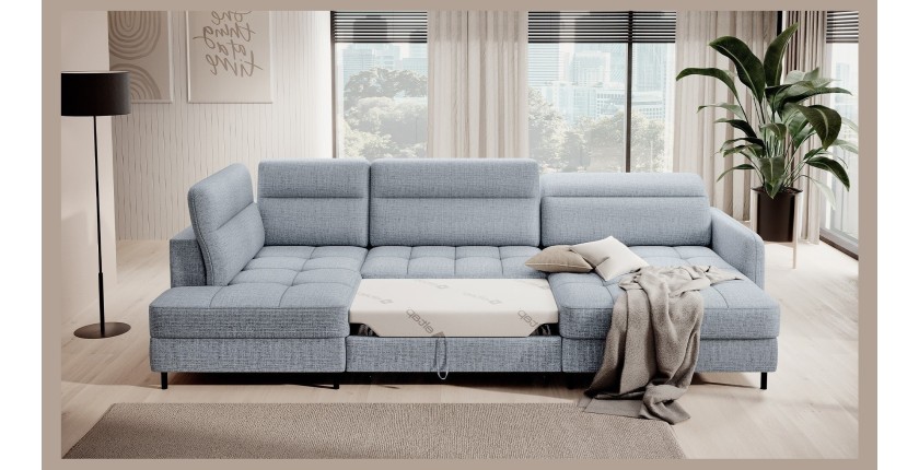 Canapé d’angle convertible BERTHO 306 cm bleu gris effet chiné – Angle droit avec coffre 