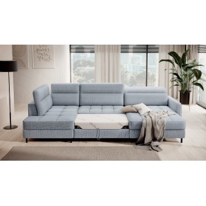 Canapé d’angle convertible BERTHO 306 cm bleu gris effet chiné – Angle droit avec coffre 