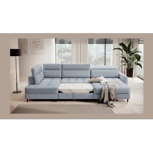 Canapé d’angle convertible BERTHO 306 cm bleu gris effet chiné – Angle droit avec coffre 