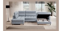 Canapé d’angle convertible BERTHO 306 cm bleu gris effet chiné – Angle droit avec coffre 