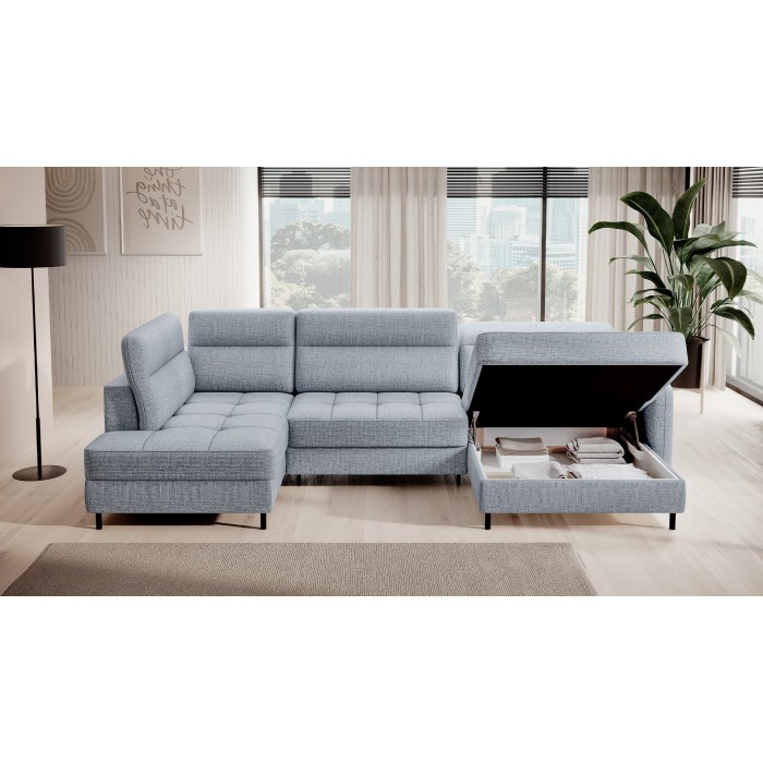 Canapé d’angle convertible BERTHO 306 cm bleu gris effet chiné – Angle droit avec coffre 