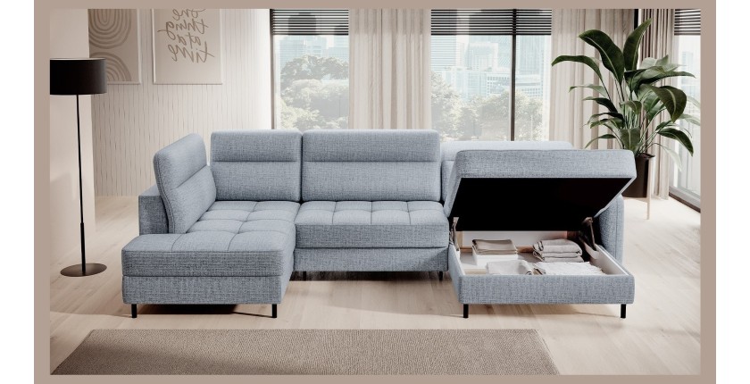 Canapé d’angle convertible BERTHO 306 cm bleu gris effet chiné – Angle droit avec coffre 