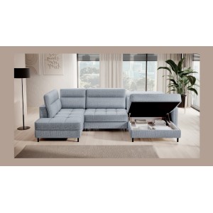 Canapé d’angle convertible BERTHO 306 cm bleu gris effet chiné – Angle droit avec coffre 