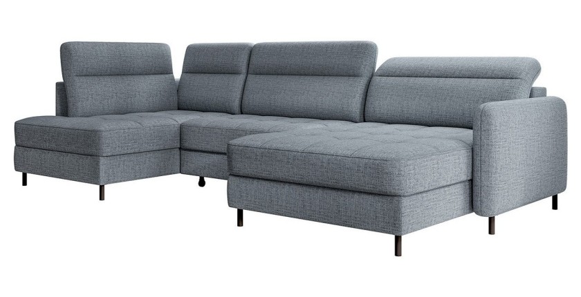 Canapé d’angle convertible BERTHO 306 cm bleu gris effet chiné – Angle droit avec coffre 