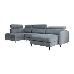 Canapé d’angle convertible BERTHO 306 cm bleu gris effet chiné – Angle droit avec coffre 