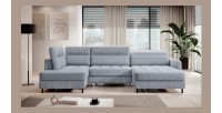 Canapé d’angle convertible BERTHO 306 cm bleu gris effet chiné – Angle droit avec coffre 