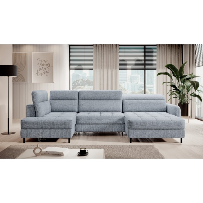 Canapé d’angle convertible BERTHO 306 cm bleu gris effet chiné – Angle droit avec coffre 