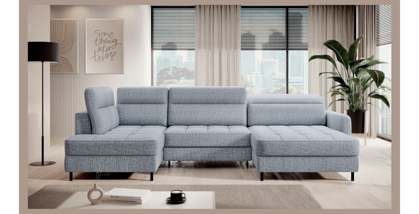 Canapé d’angle convertible BERTHO 306 cm bleu gris effet chiné – Angle droit avec coffre 