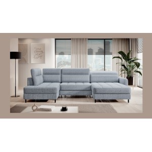 Canapé d’angle convertible BERTHO 306 cm bleu gris effet chiné – Angle droit avec coffre 