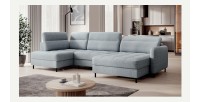 Canapé d’angle convertible BERTHO 306 cm bleu gris effet chiné – Angle droit avec coffre 