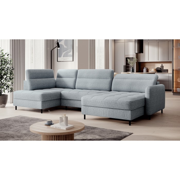 Canapé d’angle convertible BERTHO 306 cm bleu gris effet chiné – Angle droit avec coffre 