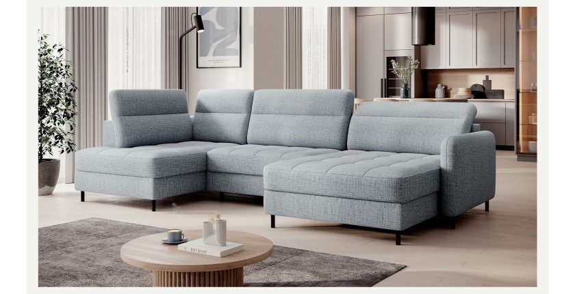 Canapé d’angle convertible BERTHO 306 cm bleu gris effet chiné – Angle droit avec coffre 