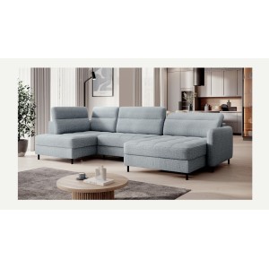 Canapé d’angle convertible BERTHO 306 cm bleu gris effet chiné – Angle droit avec coffre 