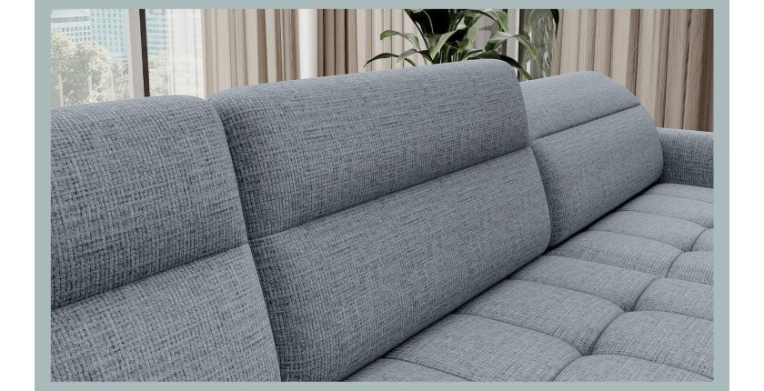Canapé d’angle convertible BERTHO 306 cm bleu gris effet chiné – Angle droit avec coffre 