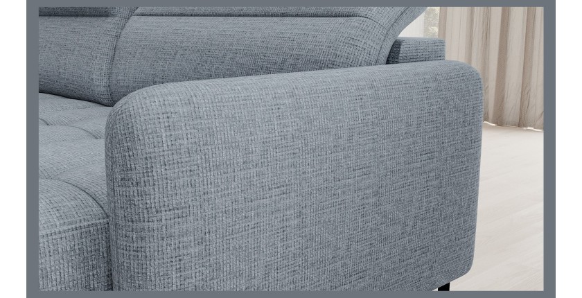 Canapé d’angle convertible BERTHO 306 cm bleu gris effet chiné – Angle droit avec coffre 
