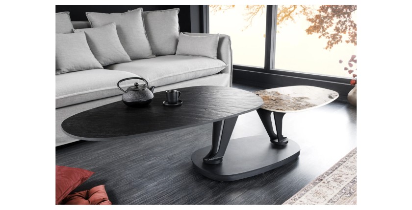 Table basse ORBIS avec plateau texturé et aspect marbre mise en situation