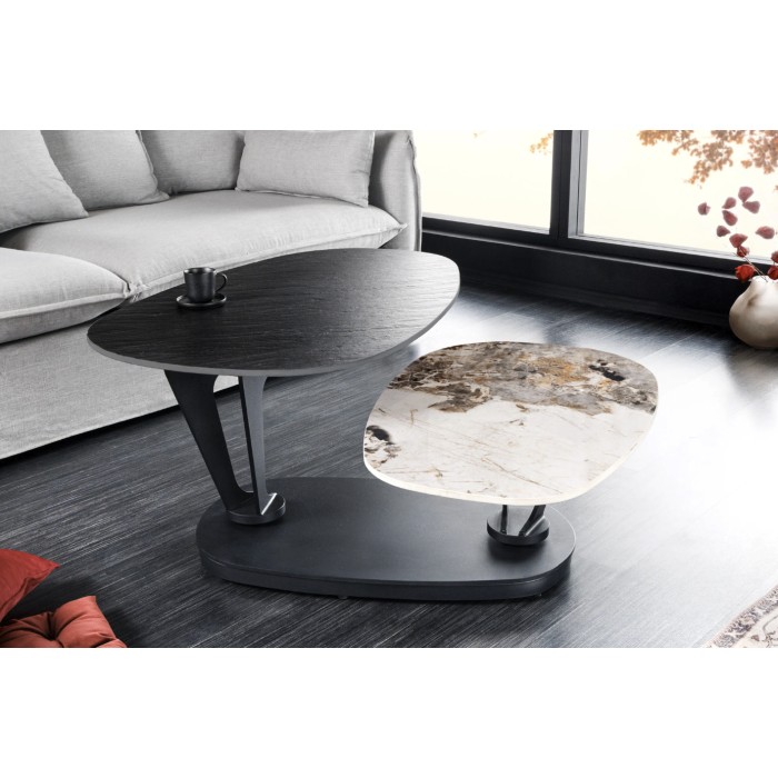 Table basse ORBIS avec plateau texturé et aspect marbre avec plateaux rotatifs