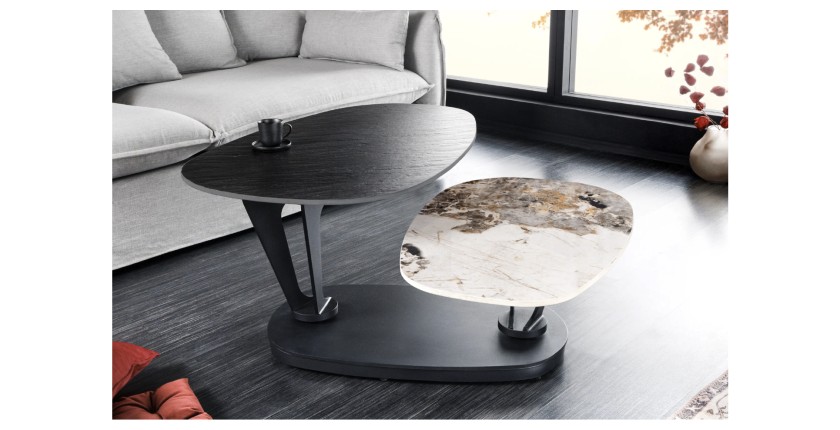 Table basse ORBIS avec plateau texturé et aspect marbre avec plateaux rotatifs