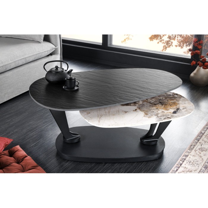 Table basse ORBIS avec plateau texturé et aspect marbre avec plateaux l'un sous l'autre