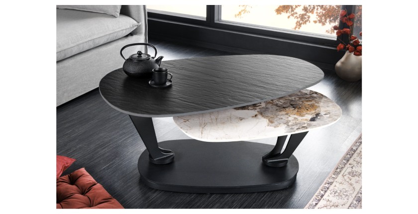 Table basse ORBIS avec plateau texturé et aspect marbre avec plateaux l'un sous l'autre