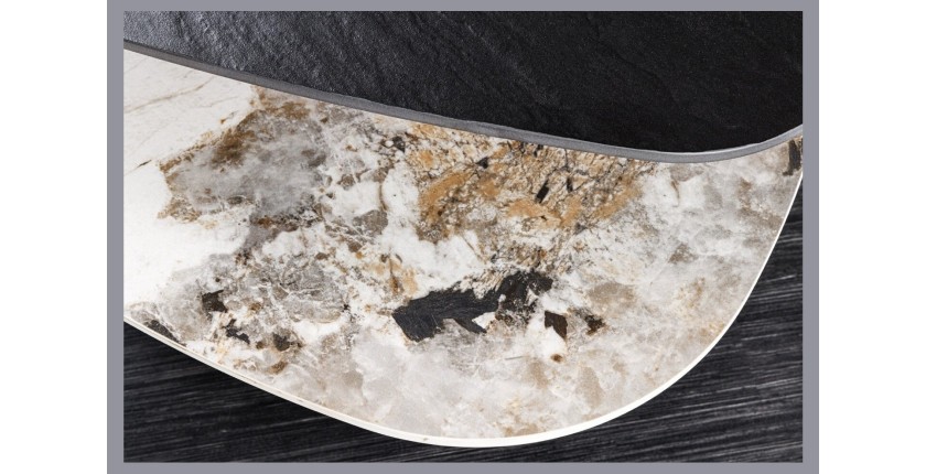 Zoom sur le plateau aspect marbre de la table basse ORBIS avec plateau texturé et aspect marbre