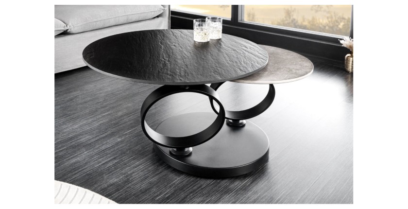 Table basse SOLYNE noire et grise avec plateaux l'un sous l'autre