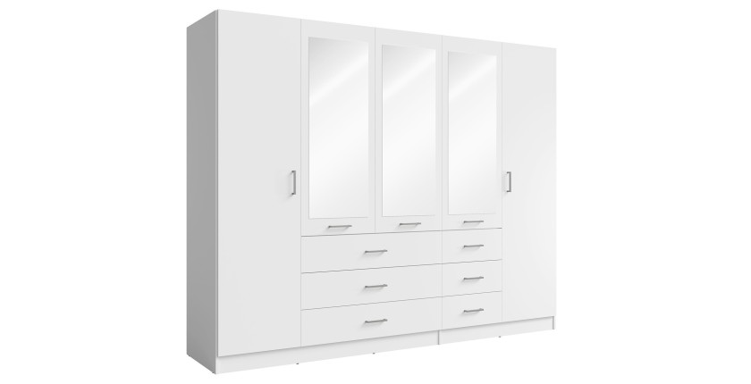 Armoire KALISTA 250 cm blanche avec miroirs et 6 tiroirs