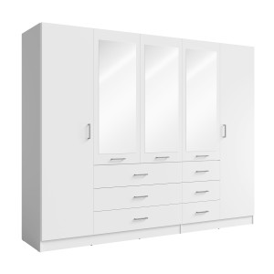 Armoire KALISTA 250 cm blanche avec miroirs et 6 tiroirs