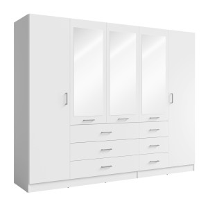 Armoire KALISTA 250 cm blanche avec miroirs et 6 tiroirs