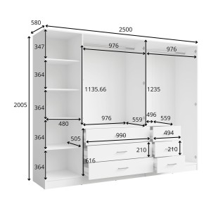 Dimensions Armoire KALISTA 250 cm blanche avec miroirs et 6 tiroirs