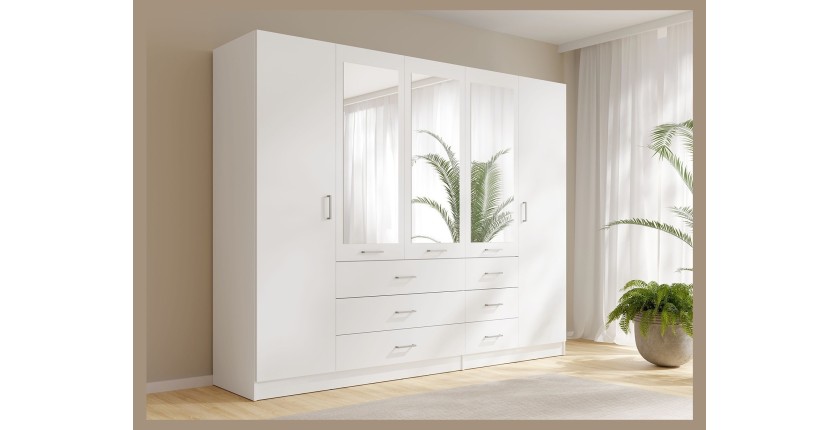 Armoire KALISTA 250 cm blanche avec miroirs et 6 tiroirs