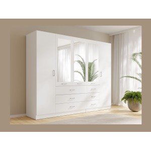 Armoire KALISTA 250 cm blanche avec miroirs et 6 tiroirs