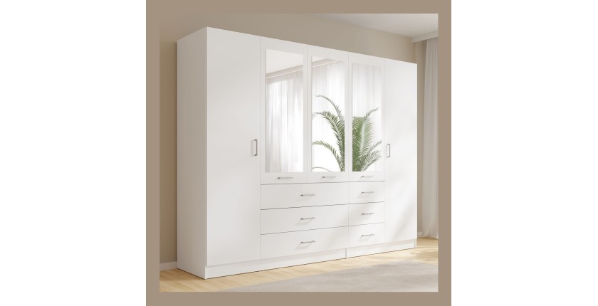 Armoire KALISTA 250 cm blanche avec miroirs et 6 tiroirs