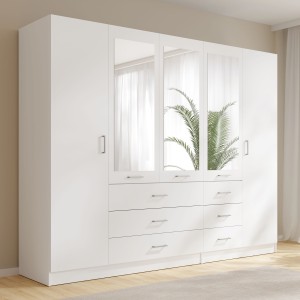 Armoire KALISTA 250 cm blanche avec miroirs et 6 tiroirs