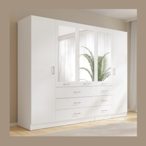 Armoire KALISTA 250 cm blanche avec miroirs et 6 tiroirs