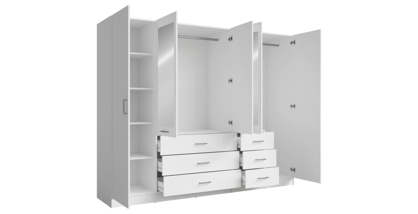 Armoire KALISTA 250 cm blanche avec miroirs et 6 tiroirs