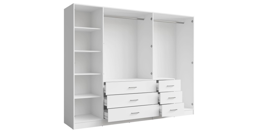 Armoire KALISTA 250 cm blanche avec miroirs et 6 tiroirs