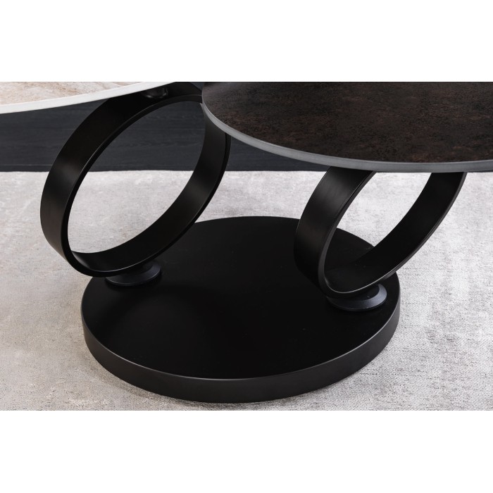 Zoom sur les anneaux de la table basse SOLYNE avec plateaux marron et beige
