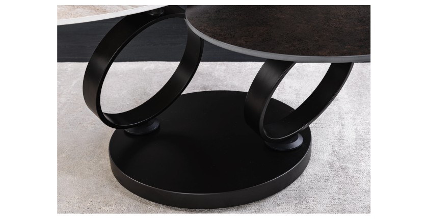 Zoom sur les anneaux de la table basse SOLYNE avec plateaux marron et beige