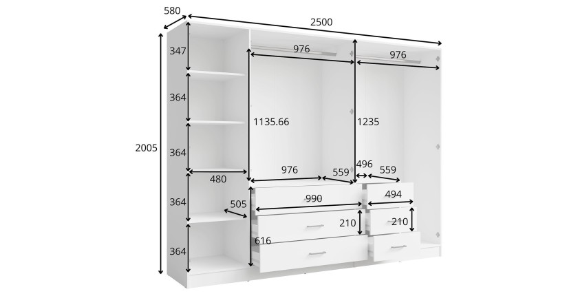 Armoire KALISTA 250 cm beige sable avec miroirs et 6 tiroirs