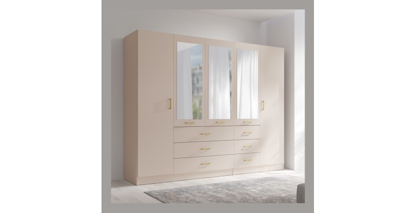 Armoire KALISTA 250 cm beige sable avec miroirs et 6 tiroirs
