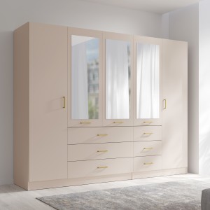 Armoire KALISTA 250 cm beige sable avec miroirs et 6 tiroirs