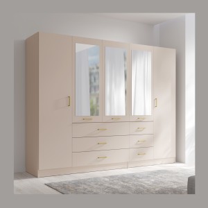 Armoire KALISTA 250 cm beige sable avec miroirs et 6 tiroirs